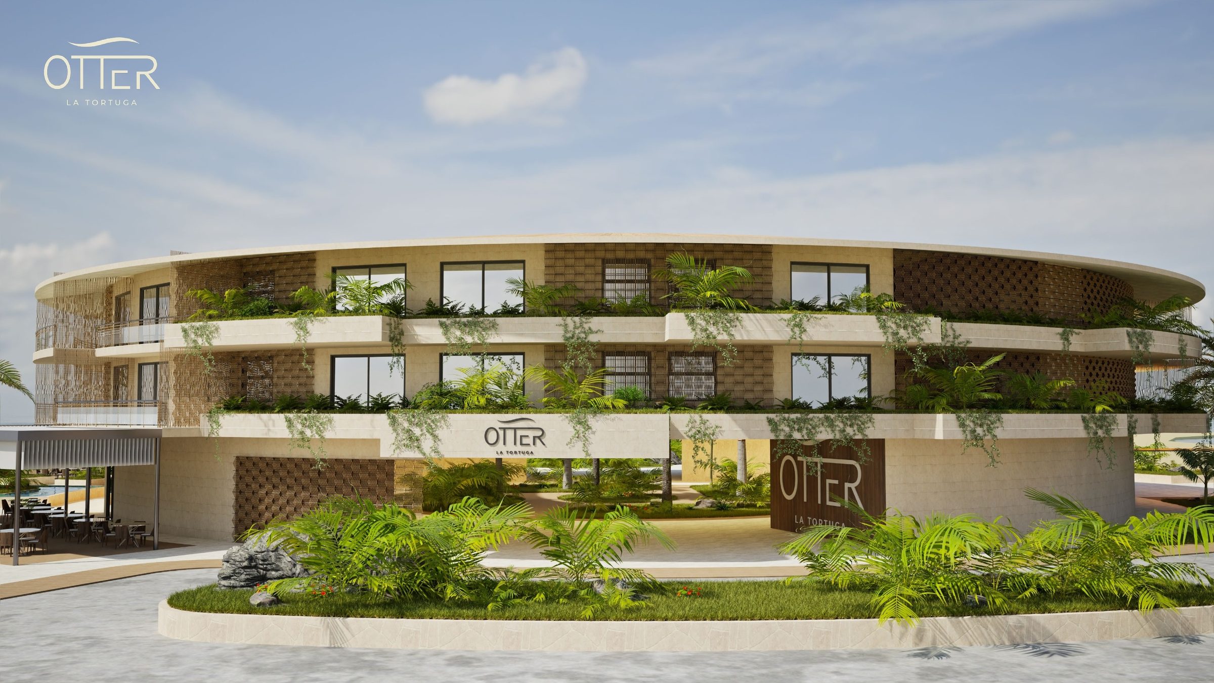 Render de la fachada de Otter La Tortuga: edificio circular de dos niveles con terrazas ajardinadas