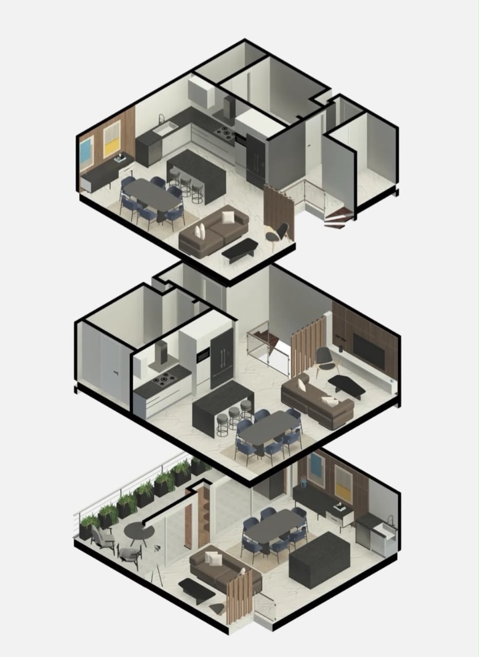 Vivienda en tres niveles con cocina abierta, comedor y terraza