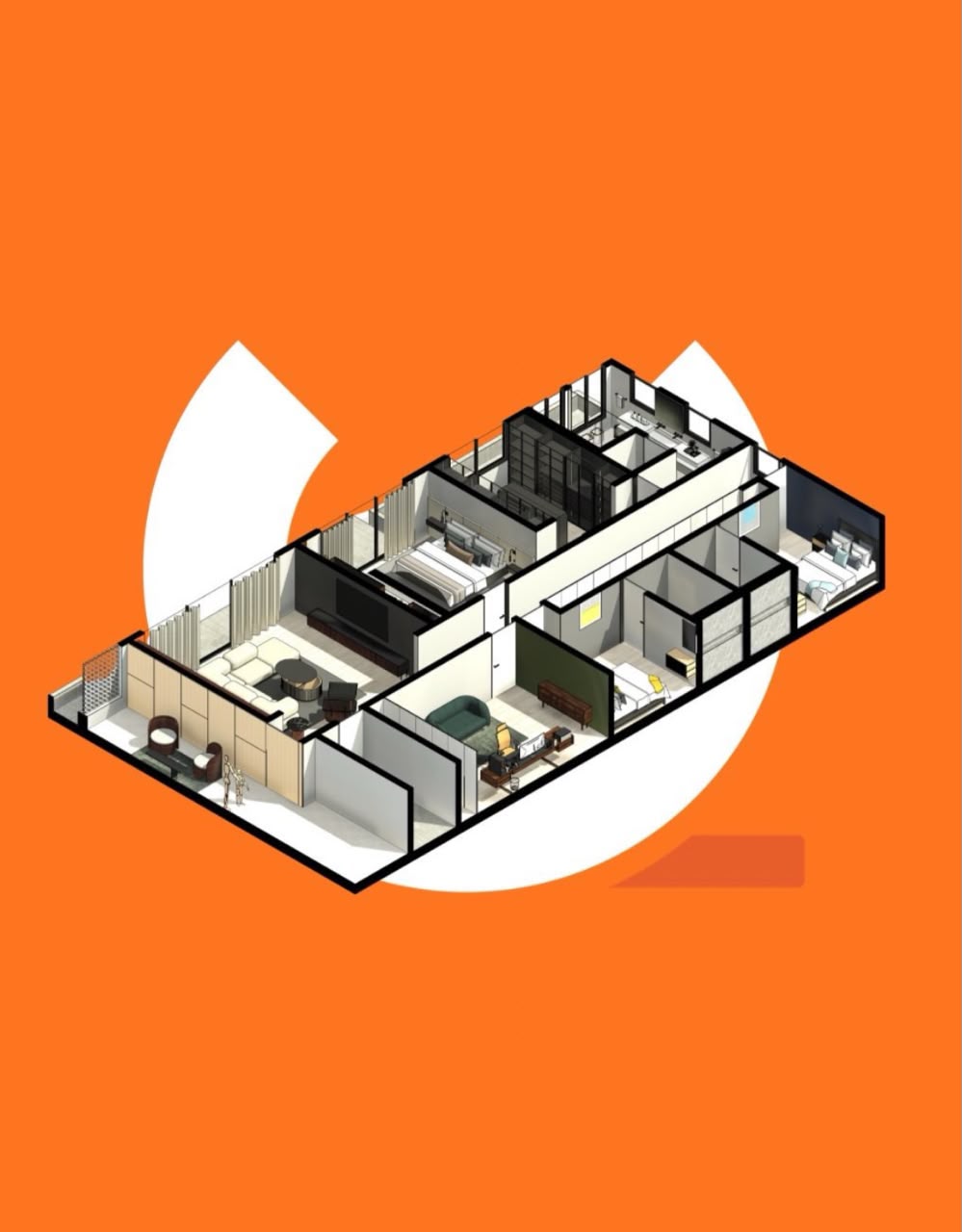 Corte isométrico de un apartamento completo con sala, habitaciones y cocina