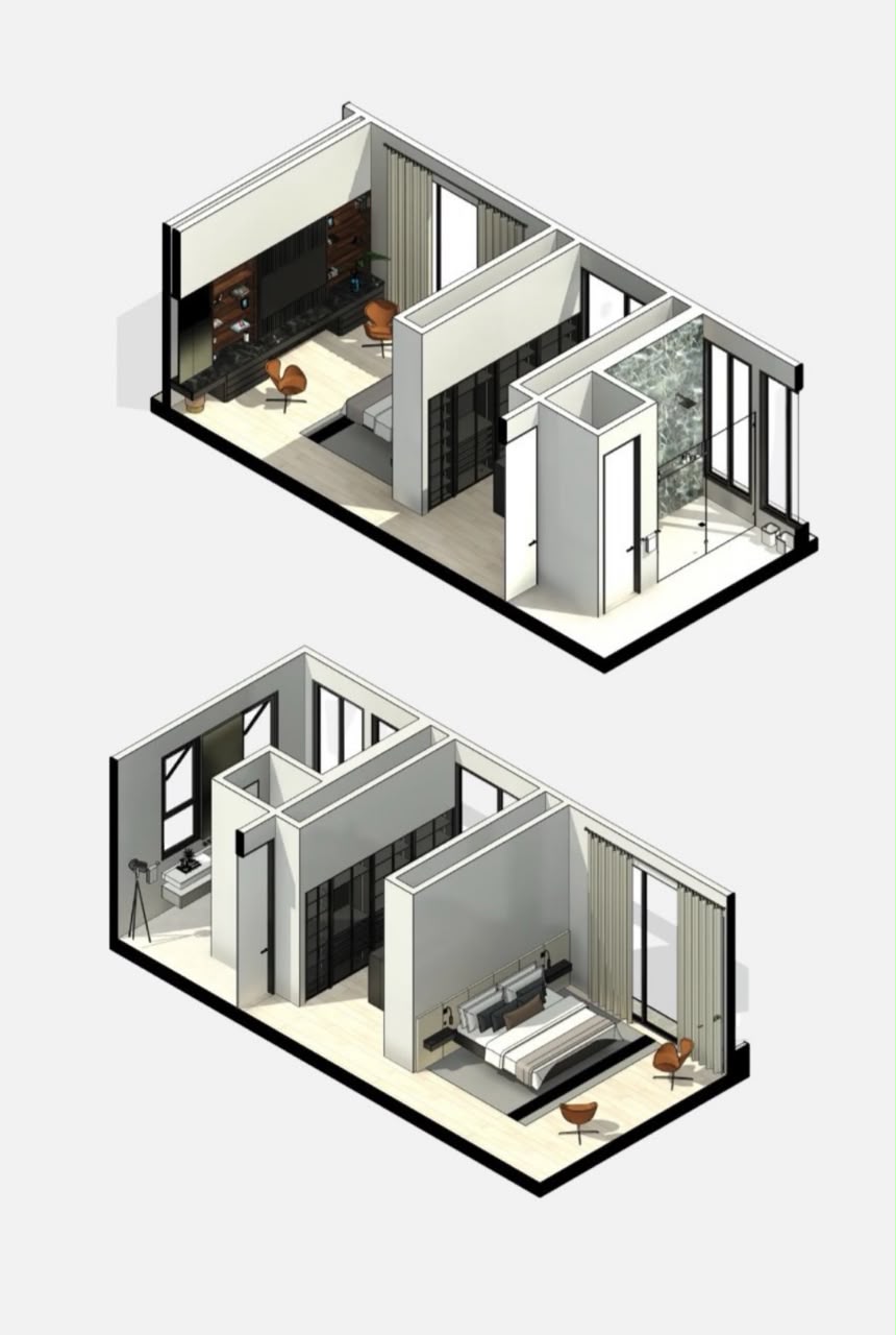 Dos vistas isométricas de una suite con vestier y baño